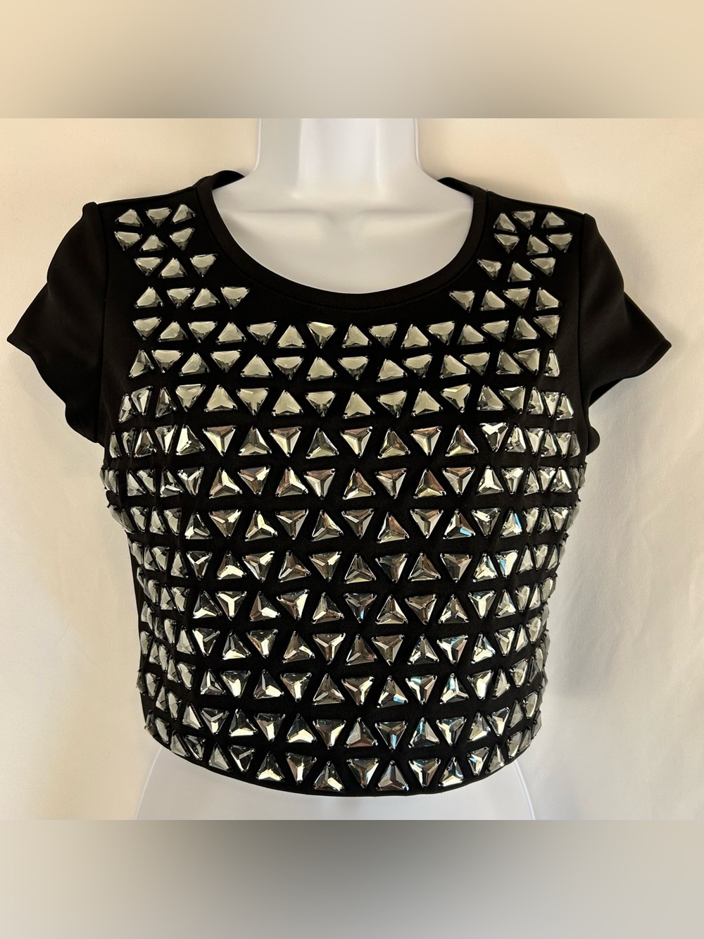 Express Black Embellished Studded Top Silver XS Short Sleeve